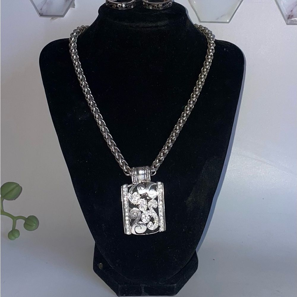 Elegant Silver Pendant Necklace & Earrings Set with Rhinestones